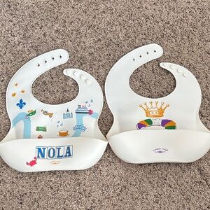 White Silicone Baby Bib with NOLA & New Orleans Mardi Gras Crown Designs